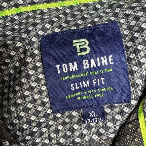 Tom Baine Slim Fit Mens XL Button Down Shirt Charcoal Diamond Pattern - Picture 4 of 9